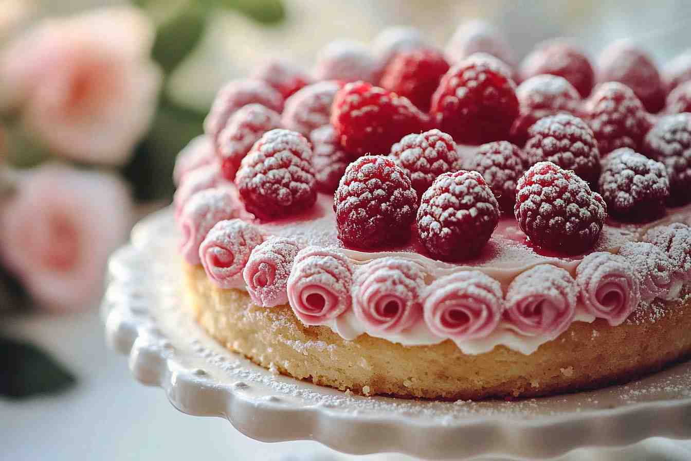 A beautifully decorated Raspberry Rose Cake with fresh raspberries and rose petals, dusted with powdered sugar, on a vintage cake stand.