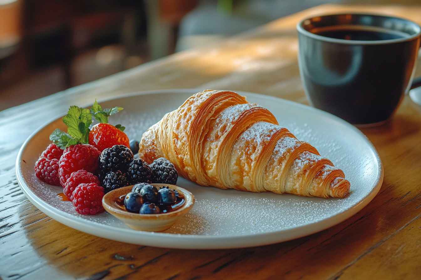 Is it good to eat pastry in the morning? A flaky croissant with fresh berries and coffee on a breakfast table.