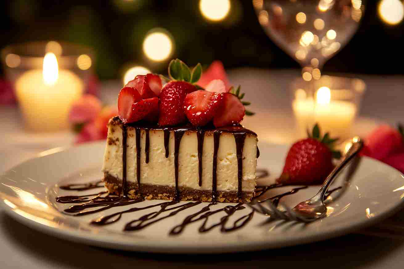 A beautifully plated Cupids Cheesecake with fresh strawberries and chocolate drizzle, served on a white plate with soft candlelight in the background.