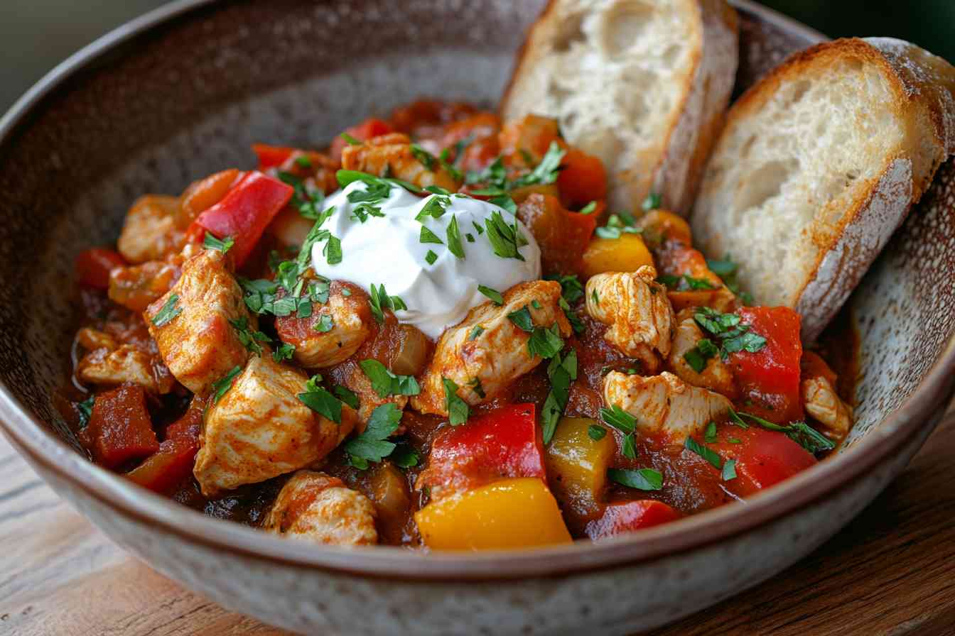 A bowl of Hungarian-style chicken paprikash with red and yellow bell peppers, topped with sour cream and fresh parsley, served with slices of crusty bread.