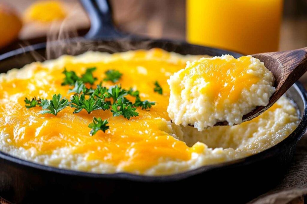 Freshly baked Breakfast Grits Casserole with a golden, cheesy crust, served hot in a cast-iron skillet