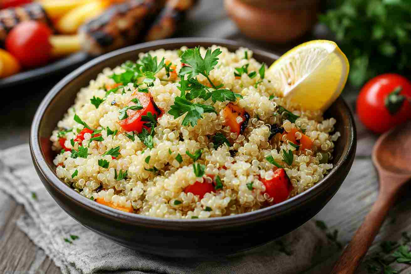 A bowl of fluffy quinoa rice mixed with grilled vegetables, garnished with fresh parsley and a lemon wedge, served on a rustic wooden table with cherry tomatoes and a wooden spoon in the background.