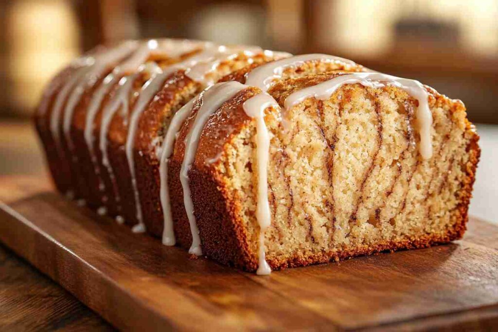 Moist banana bread with a golden crust, sliced and ready to serve on a rustic wooden table.