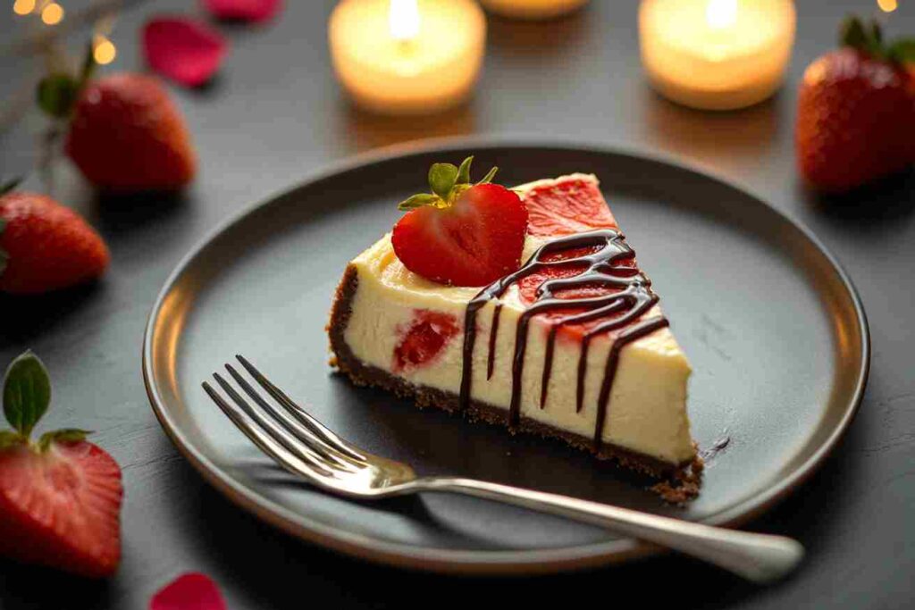 A plated slice of Cupid’s Cheesecake with a raspberry swirl and chocolate drizzle, perfect for a romantic dessert.