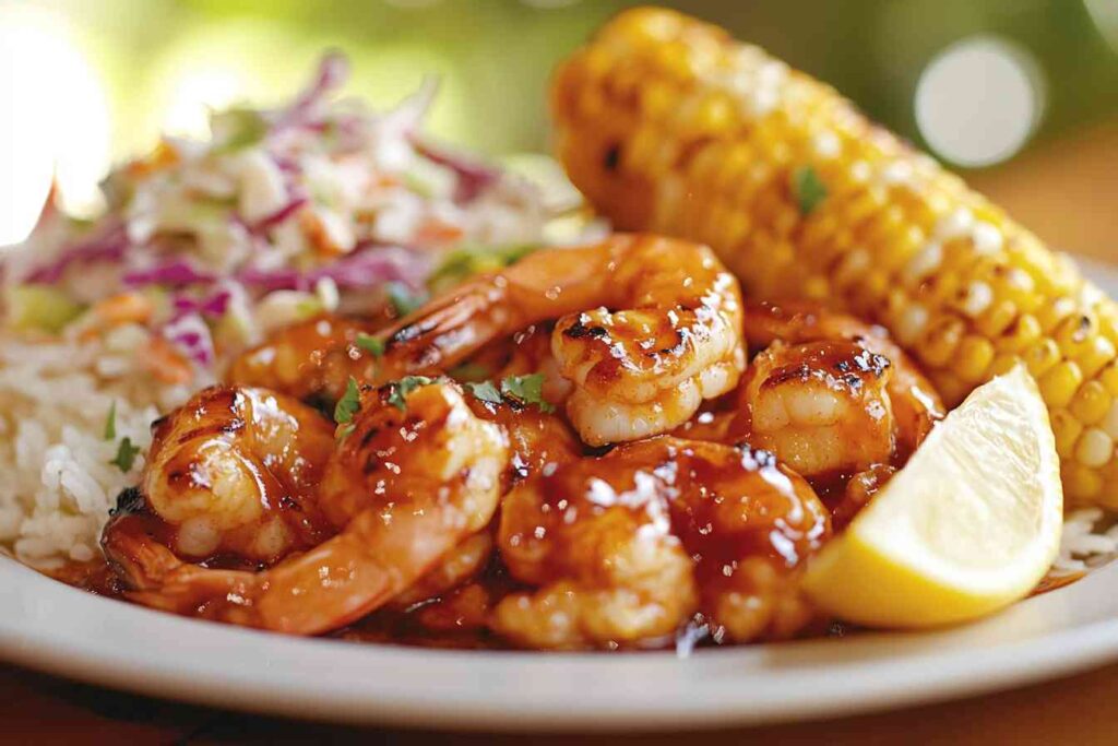 A plated dish of barbecue shrimp with grilled corn, coleslaw, and rice, showcasing a bold and smoky Barbecue Shrimp Recipe.