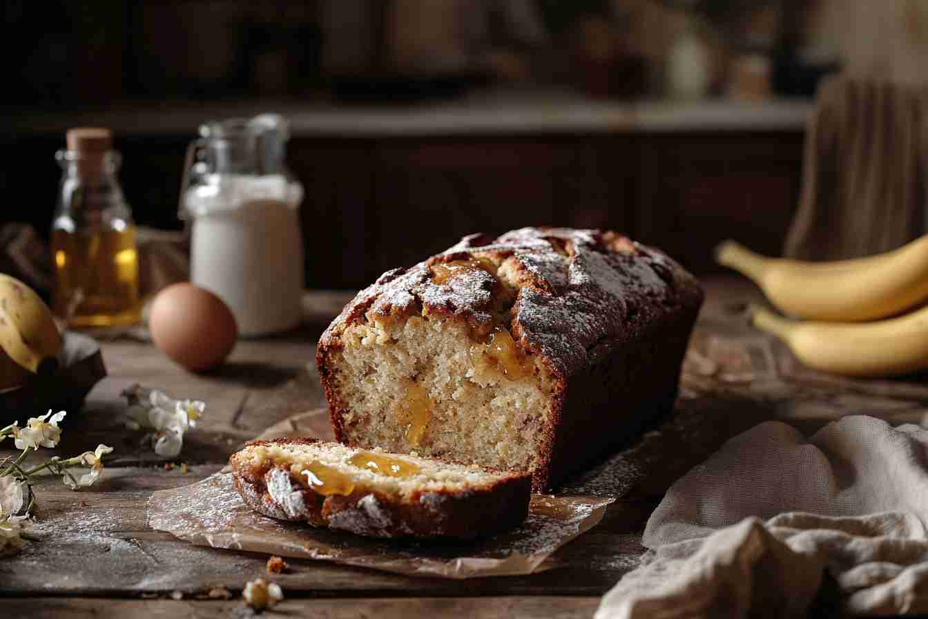 Freshly baked banana bread with a golden crust, sliced open to reveal a moist, tender interior. Topped with a light dusting of powdered sugar and drizzled with honey, placed on a rustic wooden table with bananas, eggs, flour, and oil in the background.