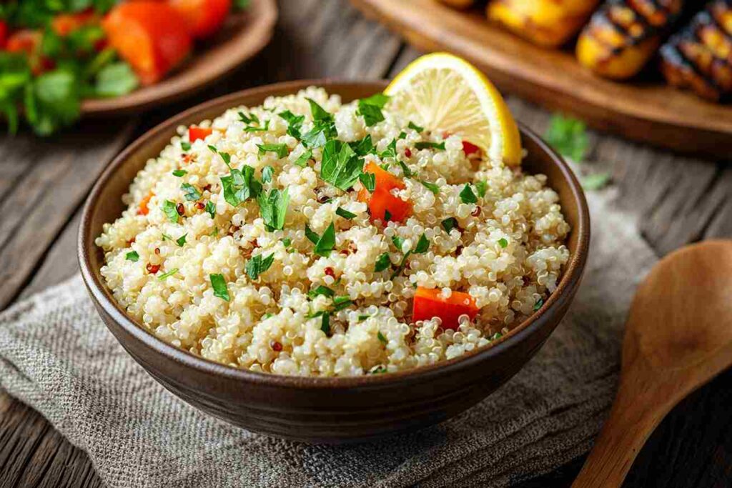 A plated bowl of fluffy quinoa rice garnished with fresh herbs and a lemon wedge, served on a rustic wooden table with grilled vegetables on the side.