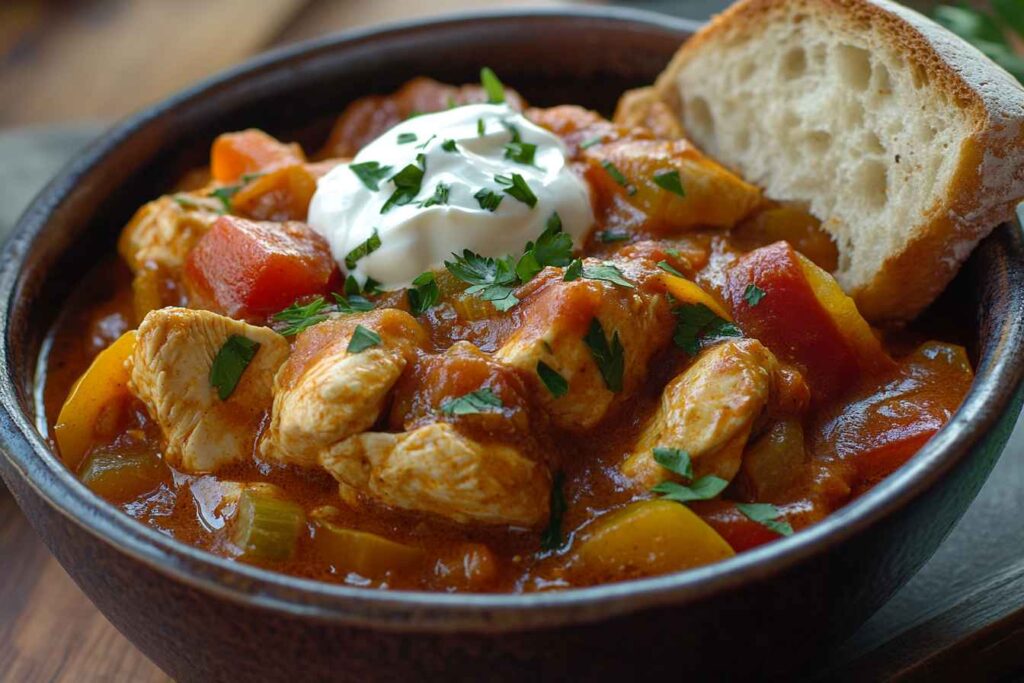 A plated serving of Chicken Goulash, garnished with fresh parsley, served over a bed of buttered egg noodles or steamed rice. The sauce should be thick and glossy, coating the chicken beautifully. Plate it on a rustic ceramic dish, with a fork and napkin nearby for an inviting, homey feel.