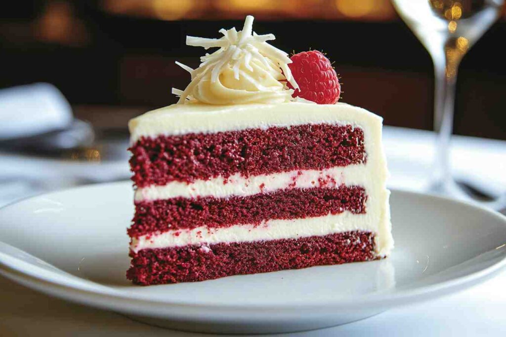 A slice of Red Velvet Love Cake with cream cheese frosting, topped with white chocolate shavings and fresh raspberries.