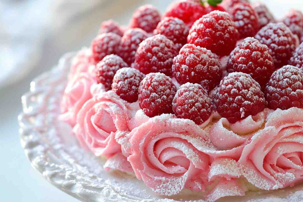 A freshly baked Raspberry Rose Cake dusted with powdered sugar and topped with fresh raspberries.