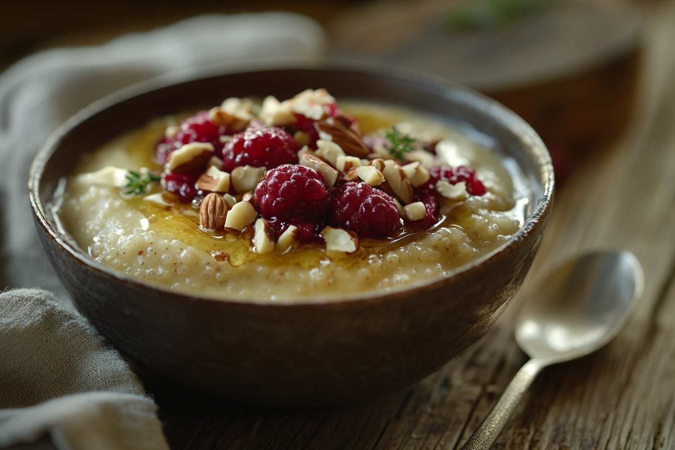 A bowl of creamy quinoa pudding topped with fresh raspberries, chopped nuts, and a drizzle of honey, served on a rustic wooden table with a spoon beside it.