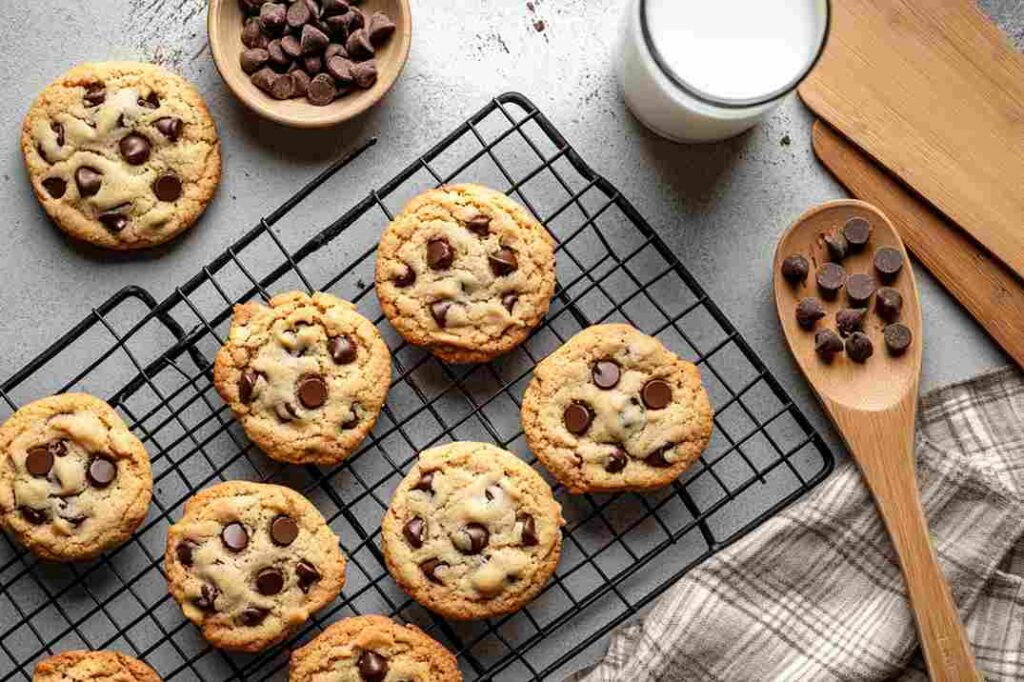 Freshly baked cookies with Best Amaretto baking chips on a cooling rack, highlighting how to use them in recipes.