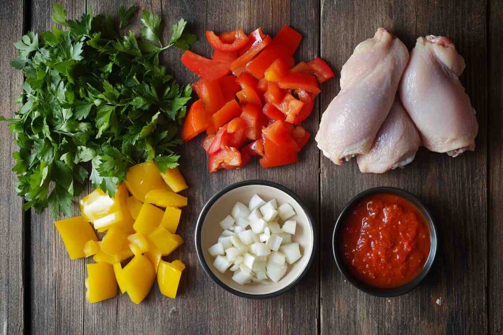 Chicken Goulash Recipe ingredients laid out from a top-down view on a rustic wooden surface. Display includes raw chicken thighs, sliced red and yellow bell peppers, diced onions, garlic cloves, a can of diced tomatoes, a small bowl of sweet and smoked paprika, caraway seeds, tomato paste, Worcestershire sauce, and fresh parsley, all neatly arranged for a home-cooked meal.