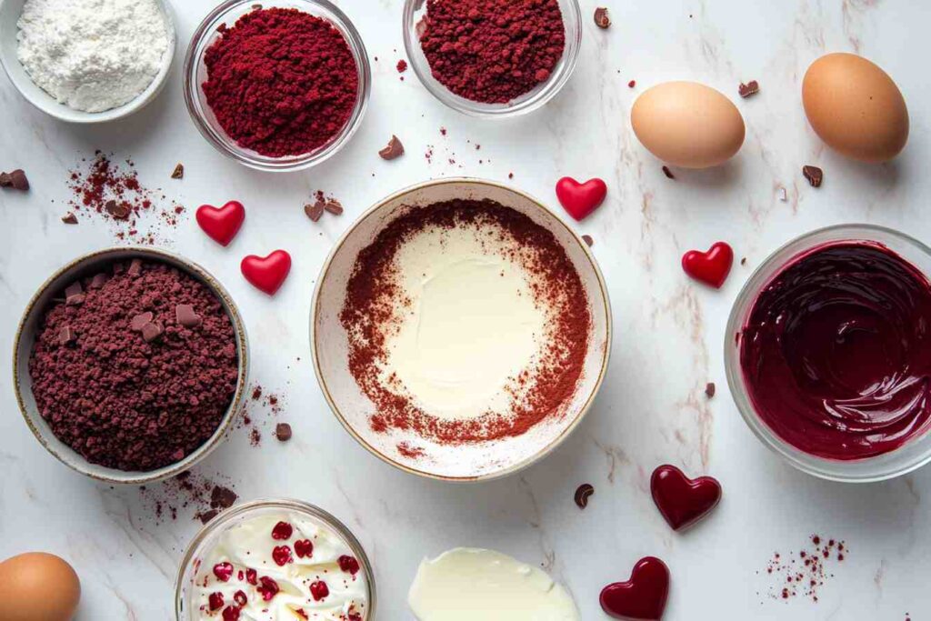 Ingredients for Red Velvet Love Cake, including flour, sugar, cocoa powder, buttermilk, eggs, and cream cheese, arranged on a marble countertop.