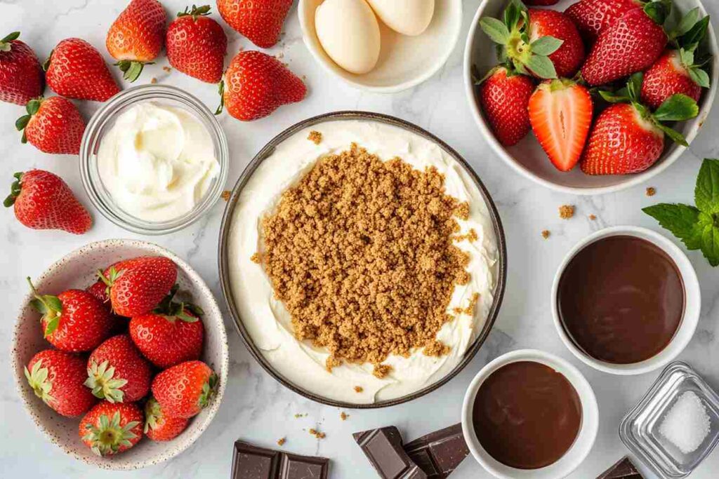 Ingredients for Cupids Cheesecake, including cream cheese, graham cracker crumbs, eggs, vanilla, and fresh strawberries, arranged on a white marble countertop.