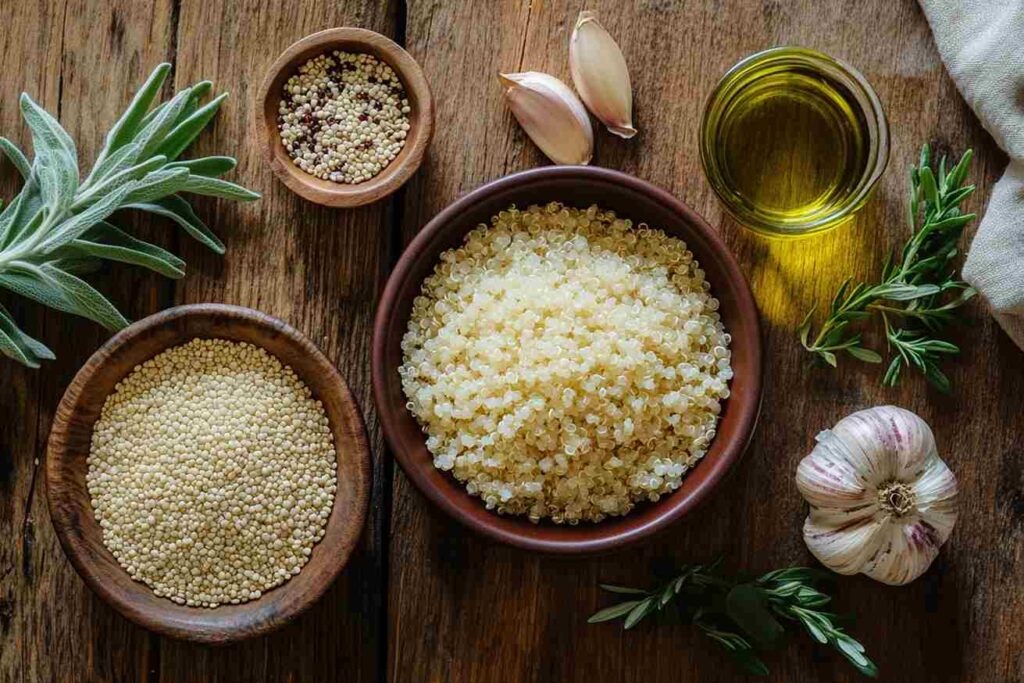 Fresh ingredients for quinoa rice, including white quinoa, brown rice, olive oil, garlic, and fresh herbs, neatly arranged on a rustic wooden table with warm natural lighting.