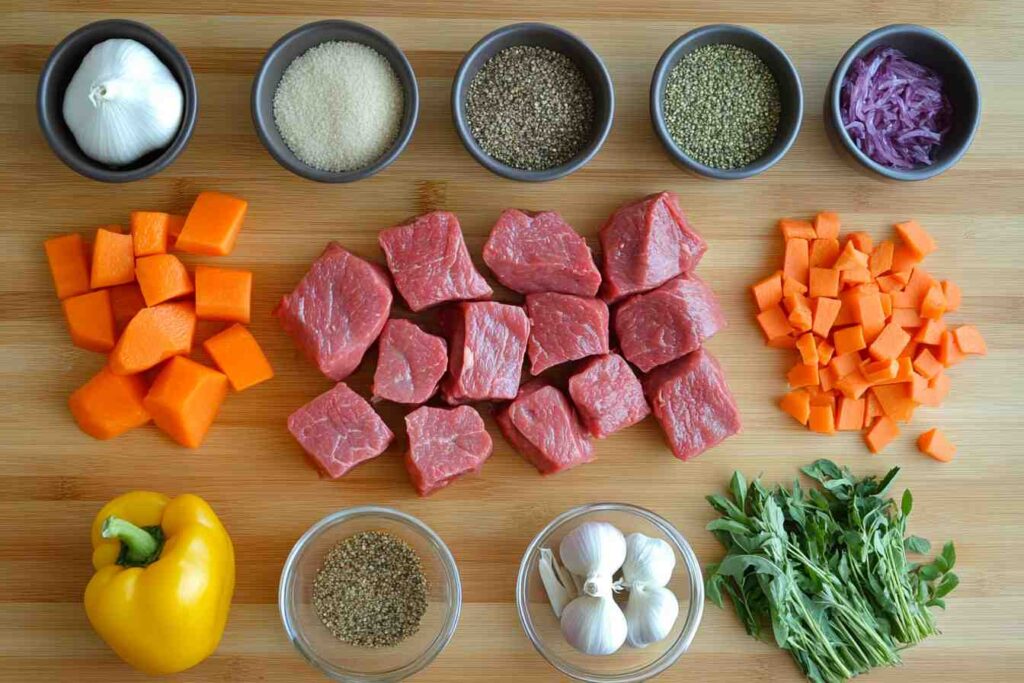 Fresh ingredients for Hawaiian Beef Stew, including beef, carrots, potatoes, and onions.