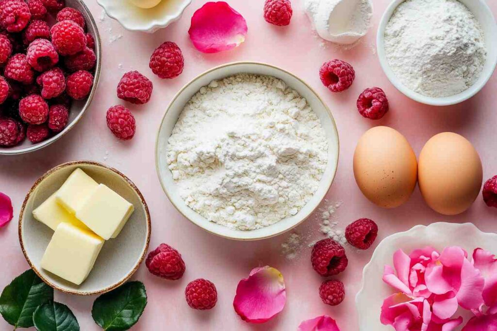 Fresh ingredients for Raspberry Rose Cake, including raspberries, rose petals, flour, eggs, butter, and sugar, ready for baking.