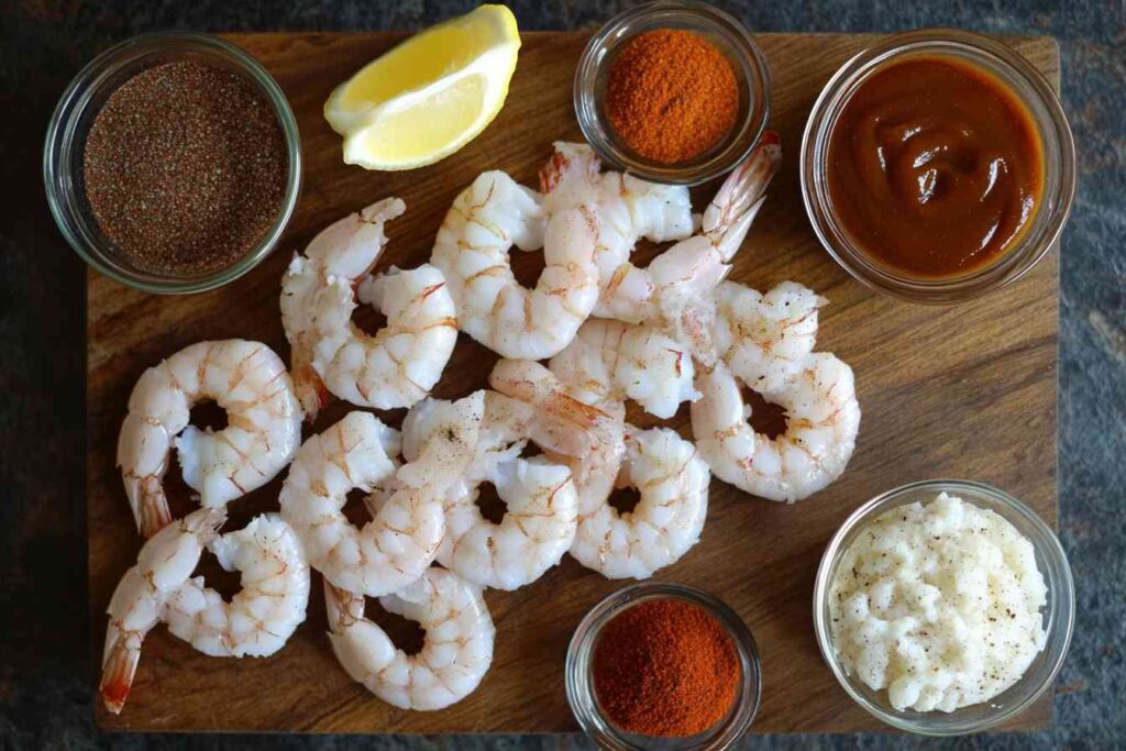 Fresh ingredients for Barbecue Shrimp Recipe, including raw shrimp, barbecue sauce, garlic, smoked paprika, and olive oil on a wooden cutting board."