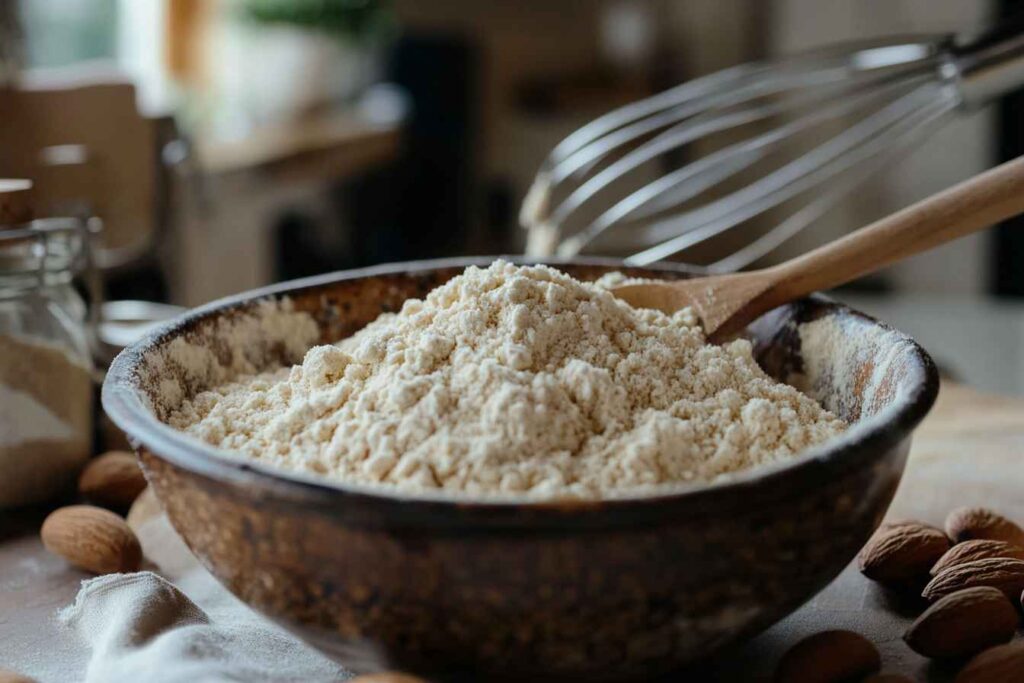 A close-up of almond flour in a bowl with a wooden spoon, showcasing the essential ingredient for baking with almond flour.