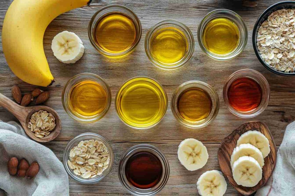 Various oils for banana bread, including coconut, olive, and vegetable oil, displayed on a wooden surface.