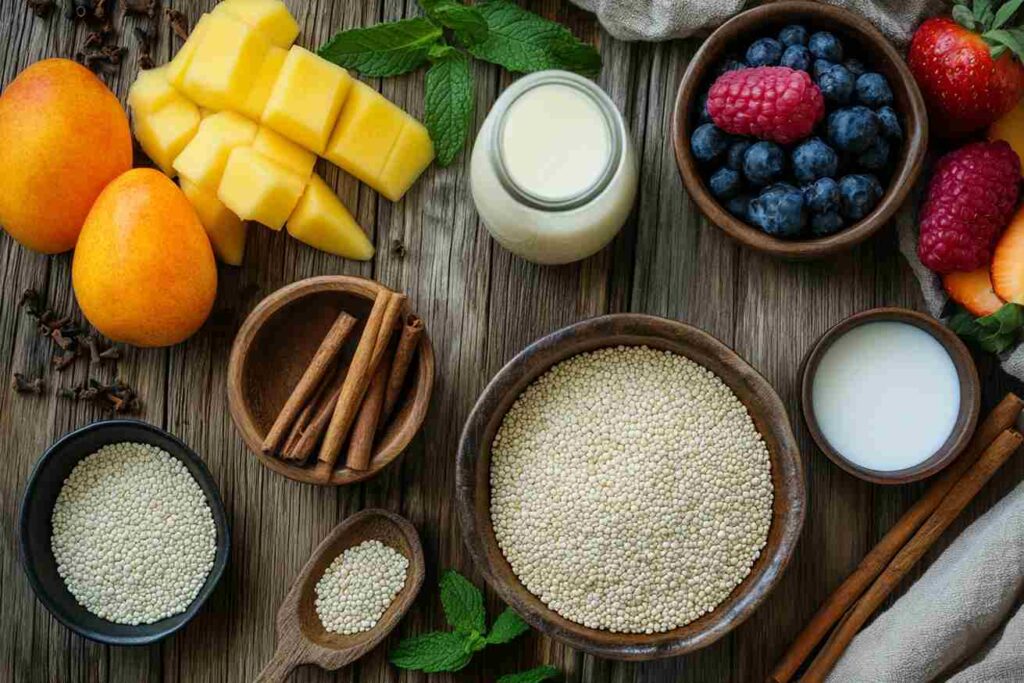 Quinoa pudding ingredients neatly arranged on a wooden table, showcasing fresh and wholesome elements.