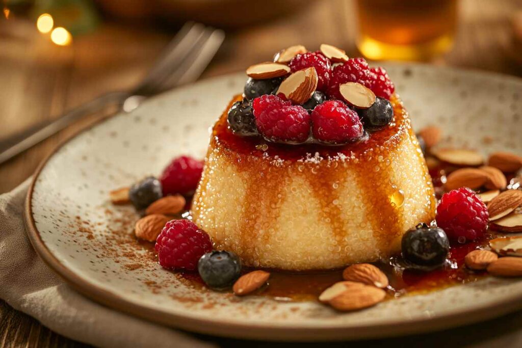 A bowl of quinoa pudding topped with berries, nuts, and honey, presented on a wooden table.