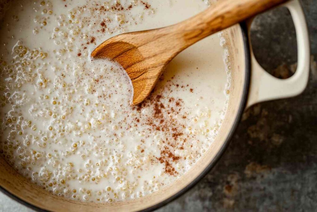 A pot of quinoa pudding cooking on a stove, with cinnamon and milk blending into a creamy texture.