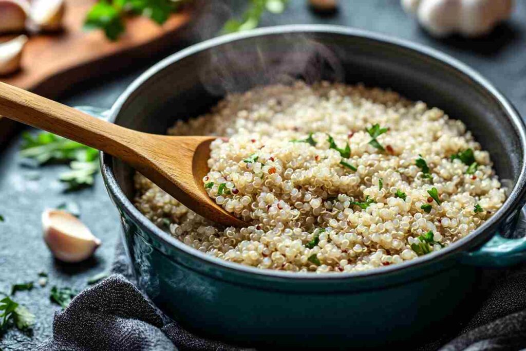 Quinoa rice cooking in a pot with steam rising, a wooden spoon stirring, and fresh garlic and herbs in the background.