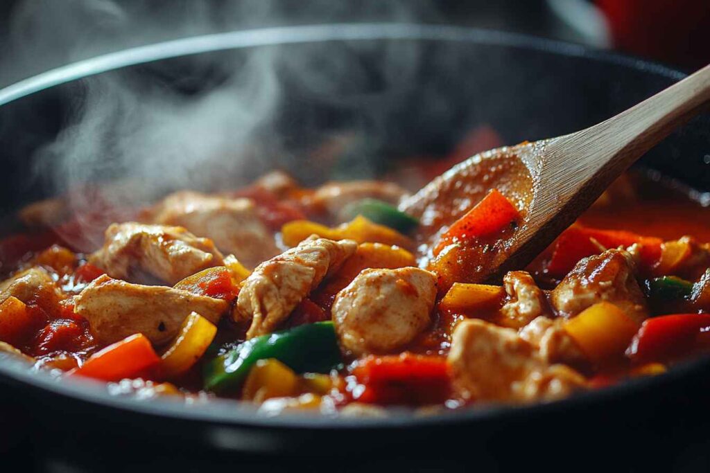 A mid-cooking shot showing the Chicken Goulash simmering in a deep red paprika-infused sauce in a Dutch oven or cast-iron pot. The chicken pieces should be partially submerged in the thick sauce with steam rising, and a wooden spoon stirring gently.