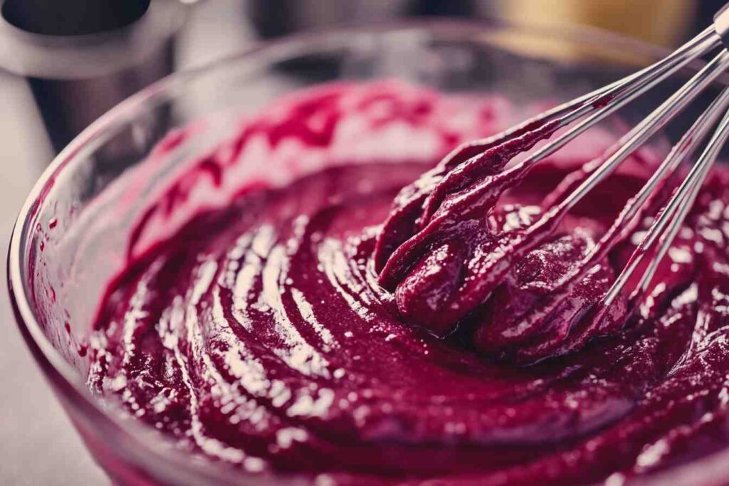 Smooth red velvet cake batter being mixed in a glass bowl with a whisk, showing its rich, vibrant red color.