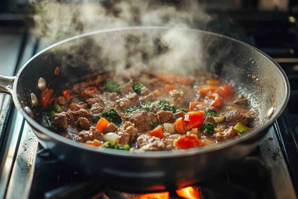 Hawaiian Beef Stew simmering in a pot with tender beef, carrots, and potatoes.