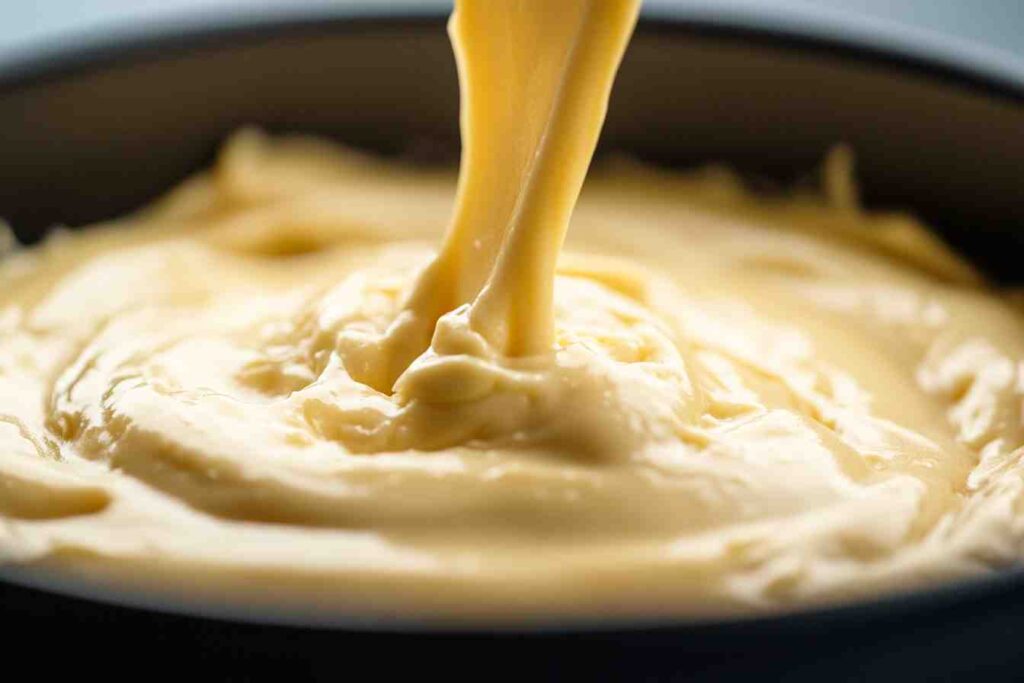 Smooth Raspberry Rose Cake batter being poured into a cake pan, ready for baking