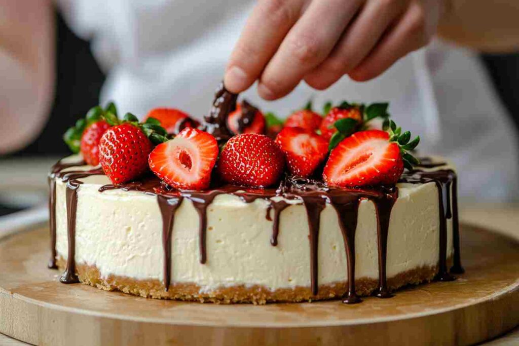 Decorating Cupids Cheesecake with fresh strawberries and a drizzle of melted chocolate for a romantic touch.