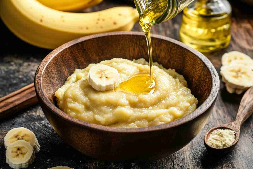 Oil being added to a bowl of mashed bananas for banana bread preparation.