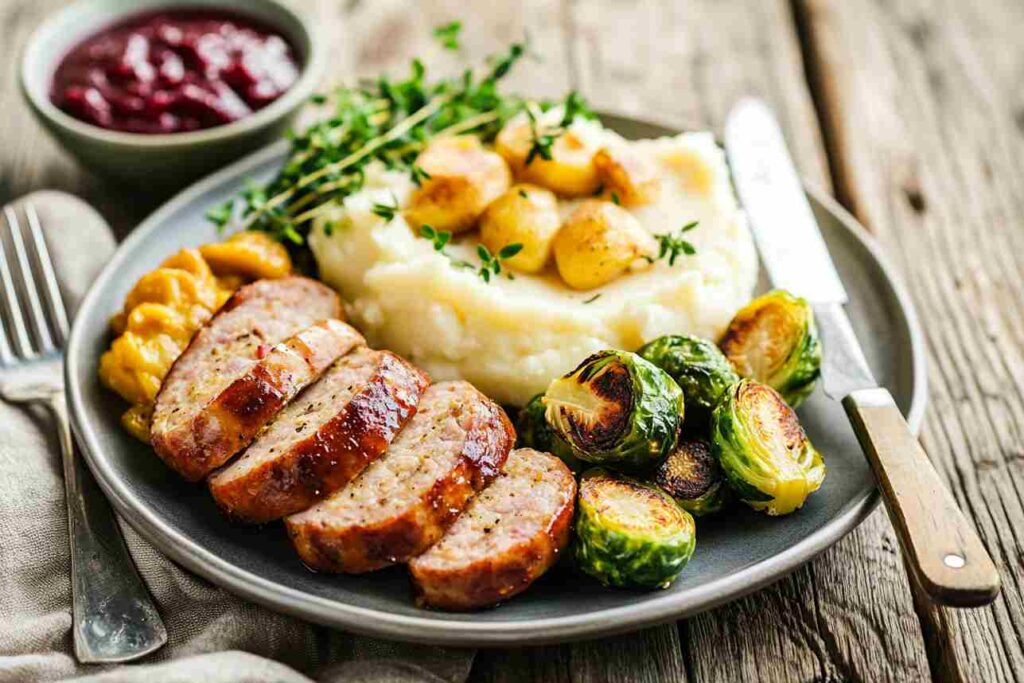 A beautifully plated potato sausage meal with mashed potatoes, lingonberry sauce, and roasted Brussels sprouts, showcasing the best side dishes for What do you eat with potato sausage?